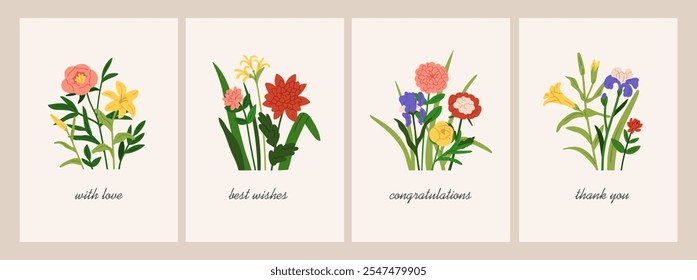 Floral greeting card designs set. Garden flowers, botanical postcards. Delicate gentle blossoms and leaves. Spring and summer blooms and holiday messages, typography. Flat vector illustration