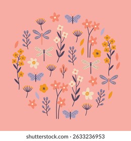 Cartão de saudação floral com libélulas, borboletas, folhas e flores em fundo de pêssego. Ornamento de círculo. Perfeito para férias sazonais, decorações de verão e primavera. Ilustração vetorial