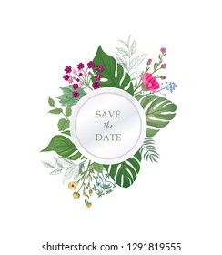 Floral greeting card. Flower frame over white background. Floral design for invitation, wedding, birthday.