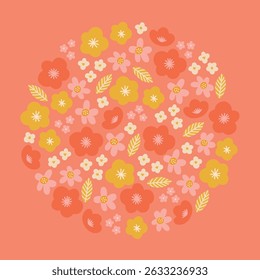 Floral greeting card with flowers and leaves on peach background. Circle ornament. Perfect for seasonal holidays, summer and spring decorations. Vector illustration