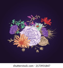 Floral Greeting Card flowers vector illustrations. Retro Summer. Vintage Bouquet, Roses. Poppies. Bluebells. Peony. Lily on Beige Background
