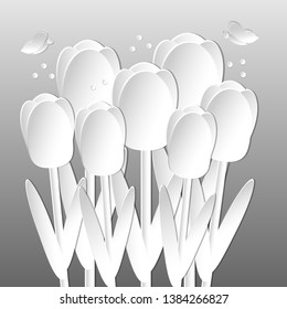 Floral Greeting card with funny butterfly and paper tulips flower, summer or spring background, parade of flowers, Tulip Festival