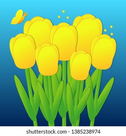 Floral Greeting card with funny butterfly and yellow paper tulips flower, summer or spring background, parade of flowers, Tulip Festival, congratulation