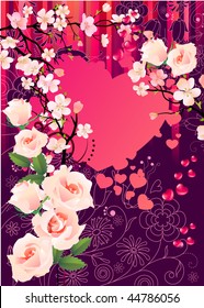 Floral greeting card with heart, blossom and white roses