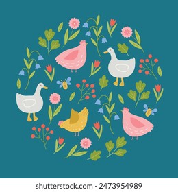 Floral greeting card with hens, gooses, berries, tulips, bellflowers, leaves on green background. Cottage core. Circle ornament in scandinavian style. Perfect for spring and summer holidays