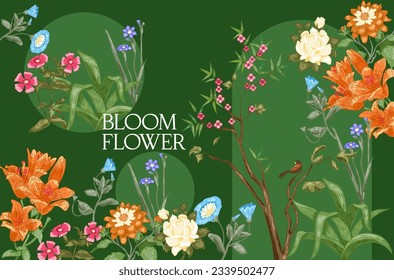 Tarjeta de felicitación floral. Pancarta horizontal exótica floreciente en estilo vintage con plantas y árboles, follaje y pájaro tropical. Diseño con texto de plantilla para folletos. Dibujo vectorial plano de dibujos animados