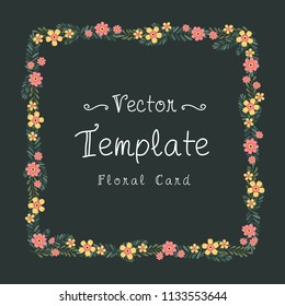 Floral greeting card and invitation template, Text box and frame, Summer flowers style with dark background.