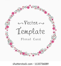 Floral greeting card and invitation template, Text box and frame, Pink flowers style with branch and leaves.