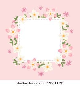 Floral greeting card and invitation template, Text box and frame, Pink flowers style with branch and leaves.