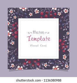 Floral greeting card and invitation template for wedding or birthday anniversary, Vector text box and frame, Grape and berry flowers style with branch and leaves.