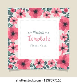 Floral greeting card and invitation template for wedding or birthday anniversary, Vector text box and frame, Pink flowers style with branch and leaves.