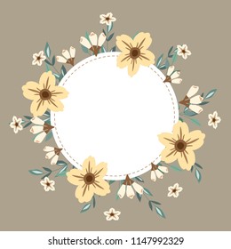 Floral greeting card and invitation template for wedding or birthday anniversary, Vector text box label and frame, Yellow flowers ivy style with branch and leaves.