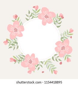 Floral greeting card and invitation template for wedding or birthday anniversary, Vector text box label and frame, Pink flowers ivy style with branch and leaves.