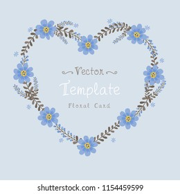 Floral greeting card and invitation template for wedding or birthday anniversary, Vector heart shape of text box label and frame, Blue cosmos flowers ivy style with branch and leaves.