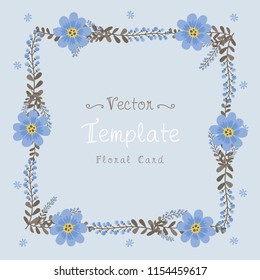 Floral greeting card and invitation template for wedding or birthday anniversary, Vector square shape of text box label and frame, Blue cosmos flowers ivy style with branch and leaves.