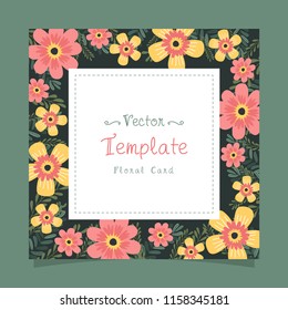 Floral greeting card and invitation template for wedding or birthday anniversary, Vector square shape of text box label and frame, Colorful cosmos flowers ivy style with branch and leaves.