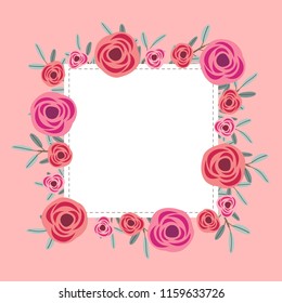 Floral greeting card and invitation template for wedding or birthday anniversary, Vector square shape of text box label and frame, Red rose flowers ivy style with branch and leaves.
