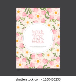 Floral greeting card and invitation template for wedding or birthday anniversary, Vector shape of text box label and frame, Pink flowers ivy style with branch and leaves.