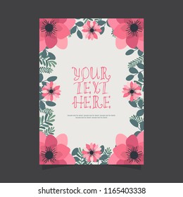 Floral greeting card and invitation template for wedding or birthday anniversary, Vector shape of text box label and frame, Pink cosmos flowers wreath ivy style with branch and leaves.