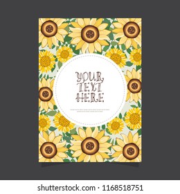 Floral greeting card and invitation template for wedding or birthday anniversary, Vector shape of text box label and frame, Yellow sunflowers wreath ivy style with branch and leaves.
