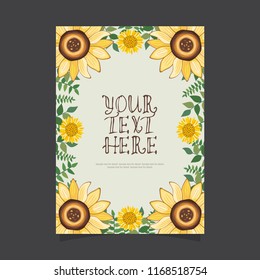 Floral greeting card and invitation template for wedding or birthday anniversary, Vector shape of text box label and frame, Yellow sunflowers wreath ivy style with branch and leaves.