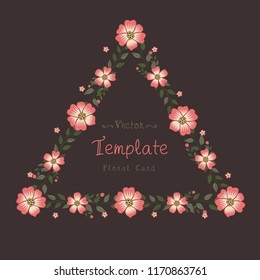 Floral greeting card and invitation template for wedding or birthday anniversary, Vector triangle shape of text box label and frame, Adenium flowers wreath ivy style with branch and leaves.