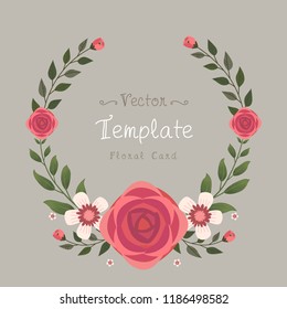 Floral greeting card and invitation template for wedding or birthday anniversary, Vector circle shape of text box label and frame, Red rose flowers wreath ivy style with branch and leaves.