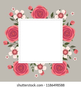 Floral greeting card and invitation template for wedding or birthday anniversary, Vector square shape of text box label and frame, Red rose flowers wreath ivy style with branch and leaves.