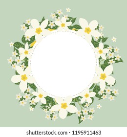 Floral greeting card and invitation template for wedding or birthday anniversary, Vector circle shape of text box label and frame, Lemon flowers wreath ivy style with branch and leaves.