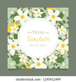 Floral greeting card and invitation template for wedding or birthday anniversary, Vector circle shape of text box label and frame, Lemon flowers wreath ivy style with branch and leaves.