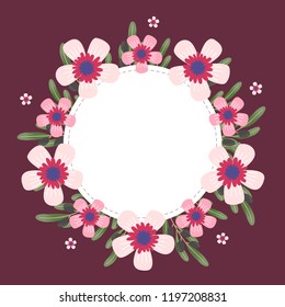 Floral greeting card and invitation template for wedding or birthday anniversary, Vector circle shape of text box label and frame, Pink flowers wreath ivy style with branch and leaves.
