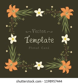 Floral greeting card and invitation template for wedding or birthday anniversary, Vector square shape of text box label and frame, Orange orchid flowers wreath ivy style with branch and leaves.