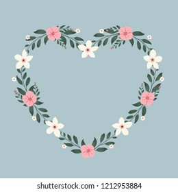 Floral greeting card and invitation template for wedding or birthday anniversary, Vector heart shape of text box label and frame, White and pink flowers wreath ivy style with branch and leaves.