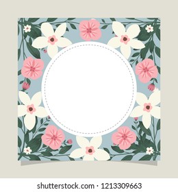 Floral greeting card and invitation template for wedding or birthday anniversary, Vector circle shape of text box label and frame, White and pink flowers wreath ivy style with branch and leaves.