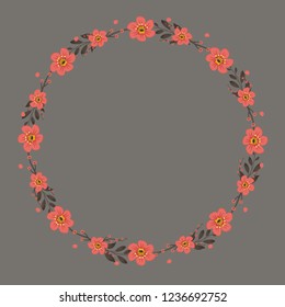 Floral greeting card and invitation template for wedding or birthday anniversary, Vector circle shape of text box label and frame, Red sakura flowers wreath ivy style with branch and leaves.