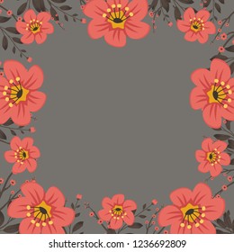 Floral greeting card and invitation template for wedding or birthday anniversary, Vector square shape of text box label and frame, Red sakura flowers wreath ivy style with branch and leaves.