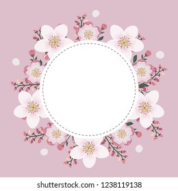 Floral greeting card and invitation template for wedding or birthday anniversary, Vector circle shape of text box label and frame, Pink sakura flowers wreath ivy style with branch and leaves.