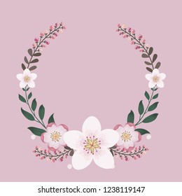 Floral greeting card and invitation template for wedding or birthday anniversary, Vector circle shape of text box label and frame, Pink sakura flowers wreath ivy style with branch and leaves.