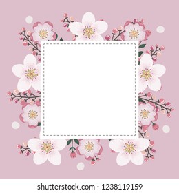 Floral greeting card and invitation template for wedding or birthday anniversary, Vector square shape of text box label and frame, Pink sakura flowers wreath ivy style with branch and leaves.