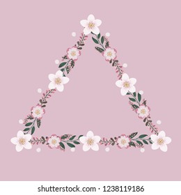 Floral greeting card and invitation template for wedding or birthday anniversary, Vector triangle shape of text box label and frame, Pink sakura flowers wreath ivy style with branch and leaves.