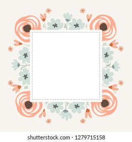 Floral greeting card and invitation template for wedding or birthday anniversary, Vector square shape of text box label and frame, Spring flowers wreath ivy style with branch and leaves.