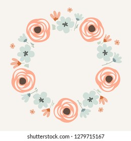 Floral greeting card and invitation template for wedding or birthday anniversary, Vector circle shape of text box label and frame, Spring flowers wreath ivy style with branch and leaves.
