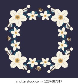 Floral greeting card and invitation template for wedding or birthday anniversary, Vector square shape of text box label and frame, White flowers wreath ivy style with branch and leaves.