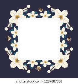 Floral greeting card and invitation template for wedding or birthday anniversary, Vector square shape of text box label and frame, White flowers wreath ivy style with branch and leaves.