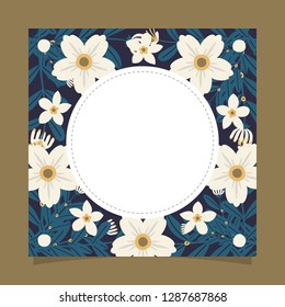 Floral greeting card and invitation template for wedding or birthday anniversary, Vector circle shape of text box label and frame, White flowers wreath ivy style with branch and leaves.