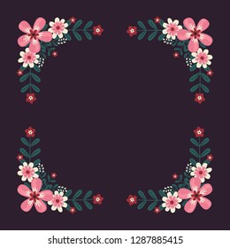 Floral greeting card and invitation template for wedding or birthday anniversary, Vector square shape of text box label and frame, Pink flowers wreath ivy style with branch and leaves.