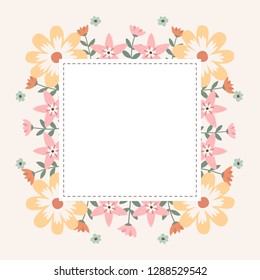 Floral greeting card and invitation template for wedding or birthday anniversary, Vector square shape of text box label and frame, Spring flowers wreath ivy style with branch and leaves.