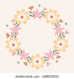 Floral greeting card and invitation template for wedding or birthday anniversary, Vector circle shape of text box label and frame, Spring flowers wreath ivy style with branch and leaves.