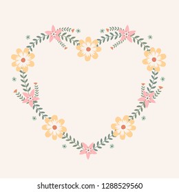 Floral greeting card and invitation template for wedding or birthday anniversary, Vector heart shape of text box label and frame, Spring flowers wreath ivy style with branch and leaves.