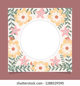 Floral greeting card and invitation template for wedding or birthday anniversary, Vector circle shape of text box label and frame, Spring flowers wreath ivy style with branch and leaves.